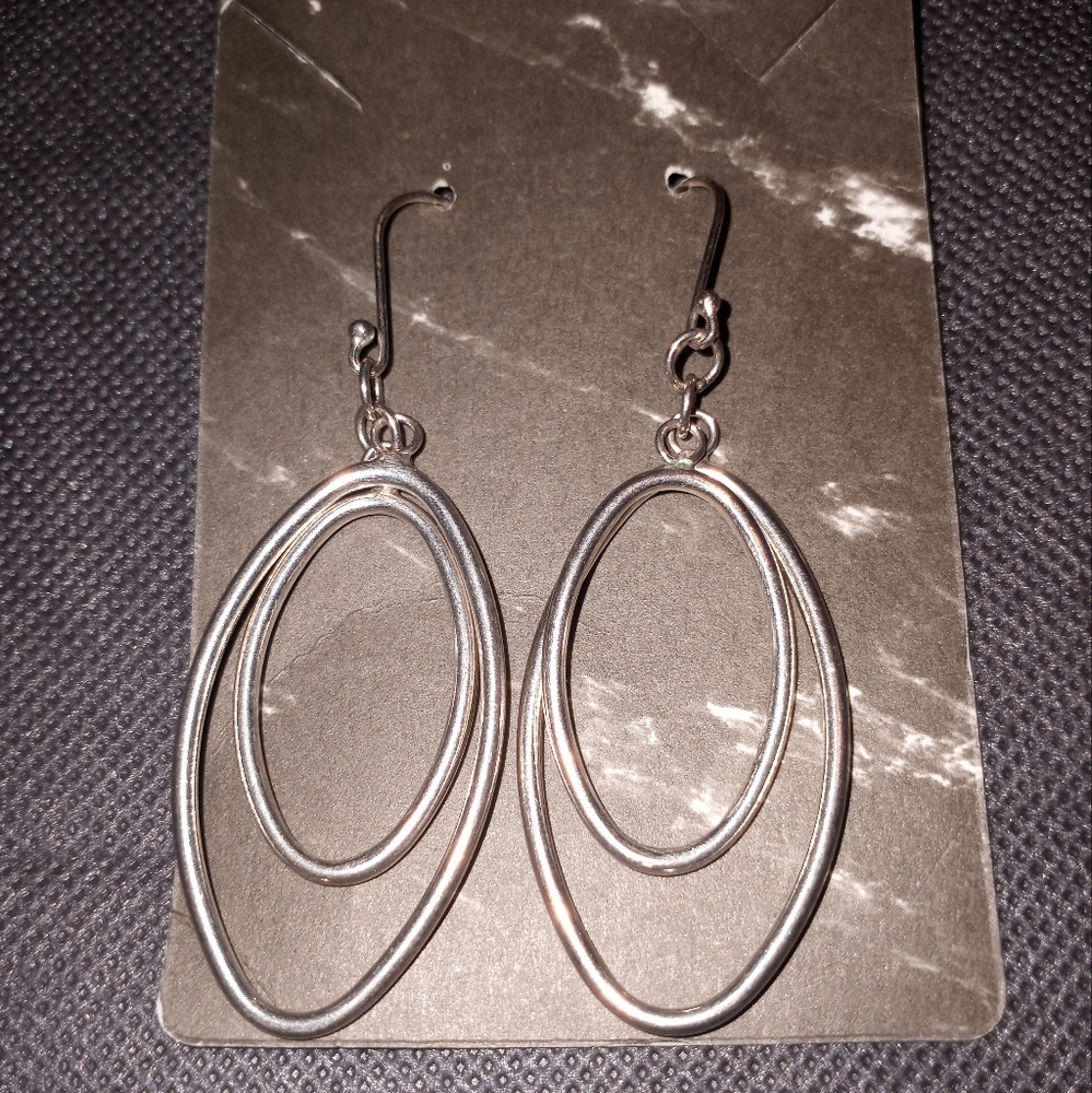 Silver double oval shaped pierced earrings